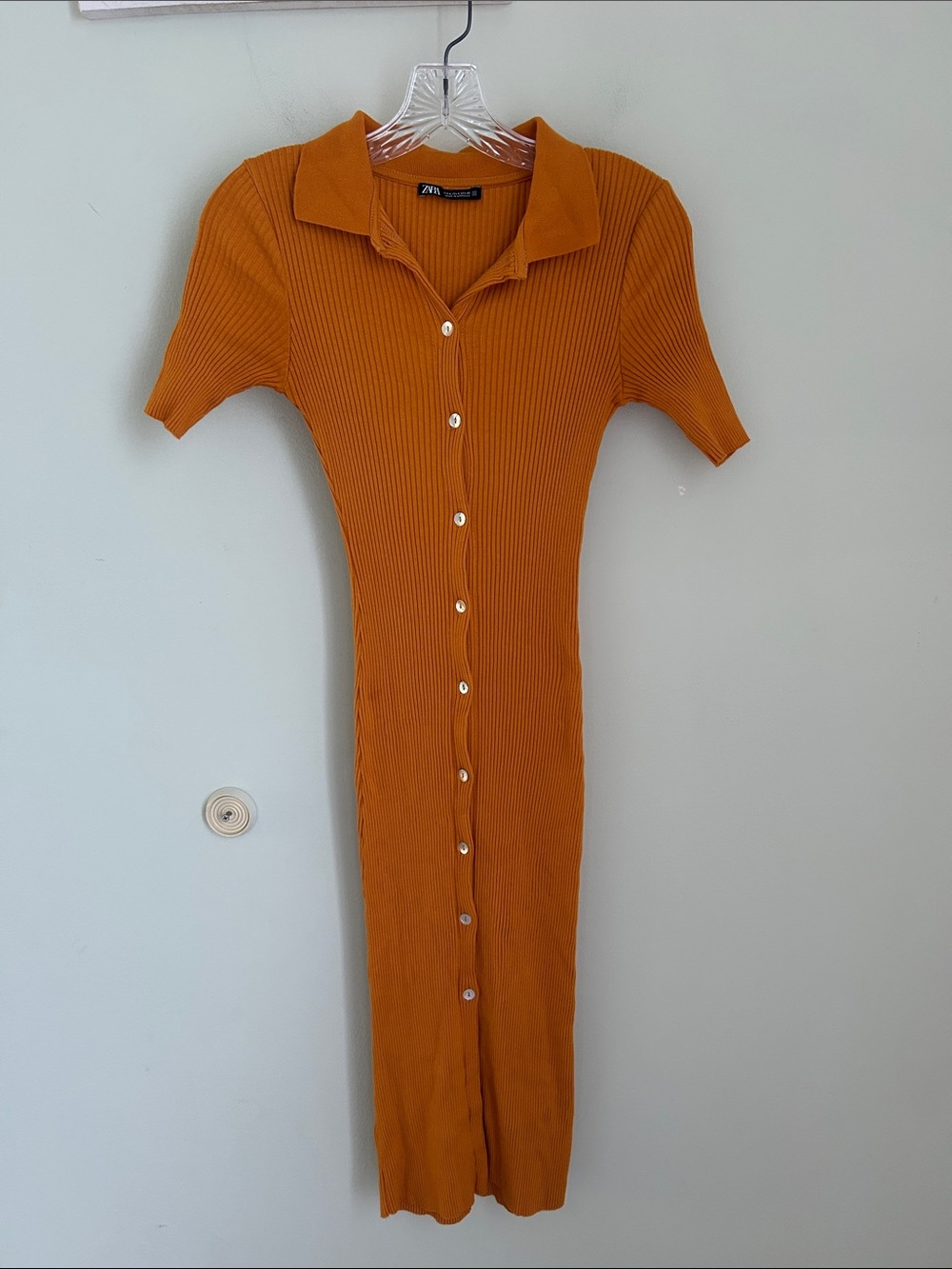 Zara Rust-Orange Ribbed Button-Down Collared Midi Dress - Picture 3 of 5